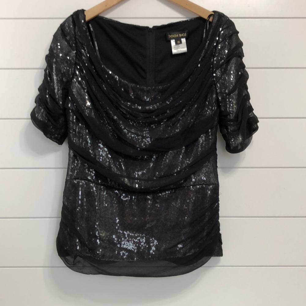 Tadashi Shoji Women's Sequin Silk Ruched Formal Evening Top Blouse size 10 Event